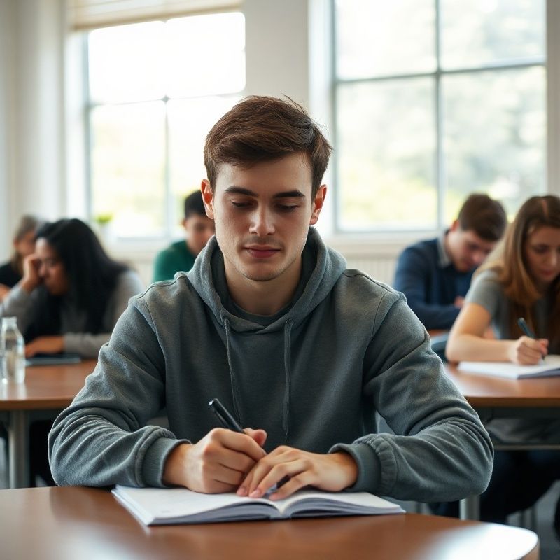 Adult student writing notes in a calm slate-toned Auckland classroom