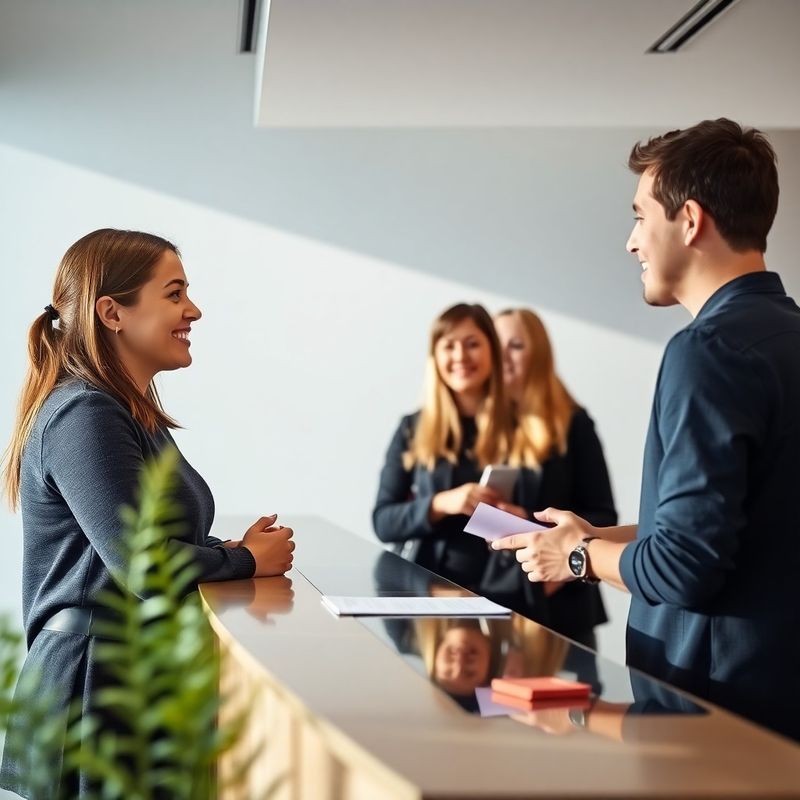 Friendly admissions staff member speaking with a prospective learner at a reception desk